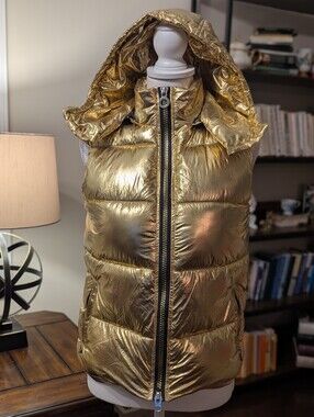 Vangull Metallic Gold Shiny Puffer Vest Detachable Hood S NWOT